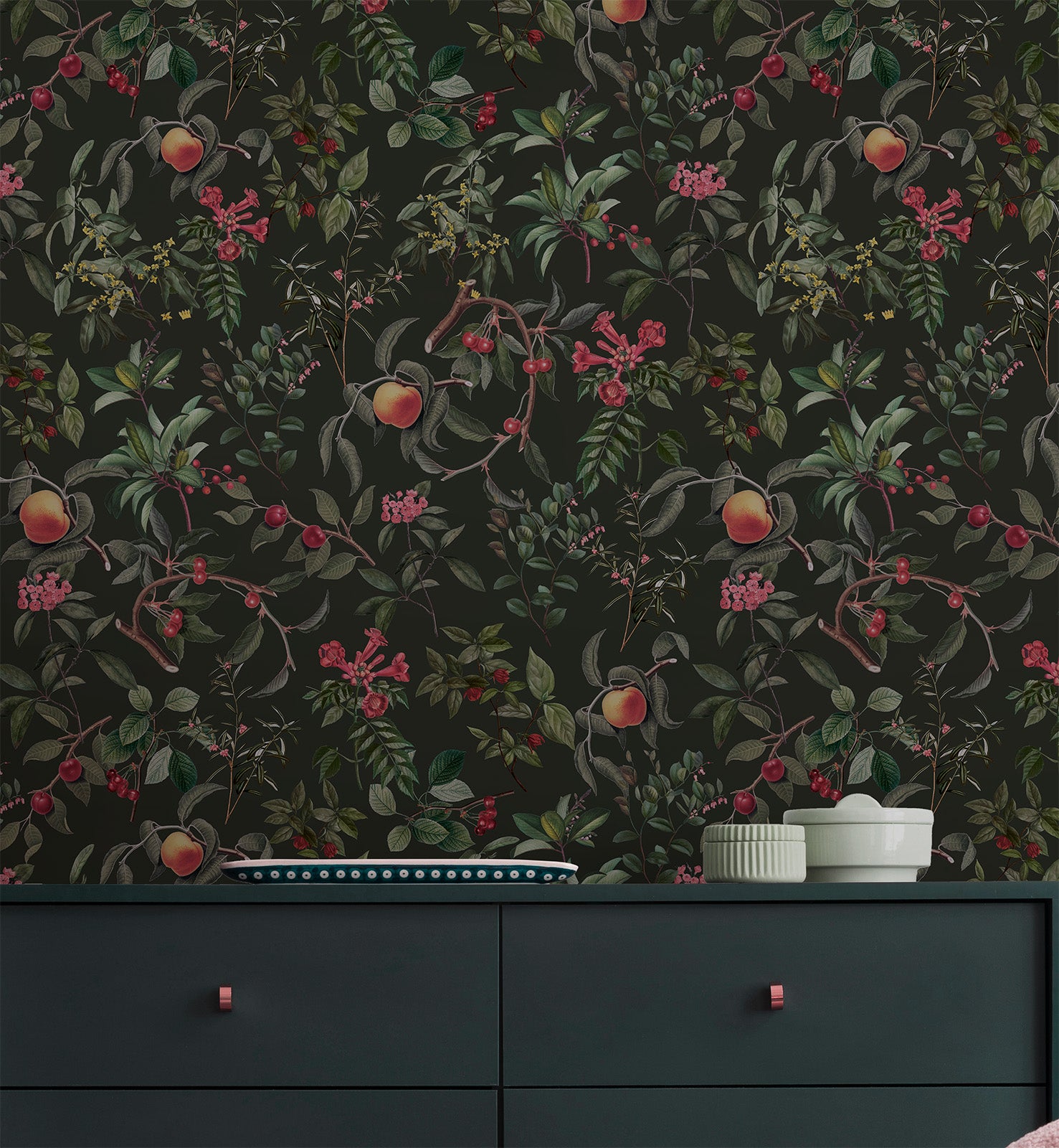 Dark Botanical Garden and fruit Wallpaper