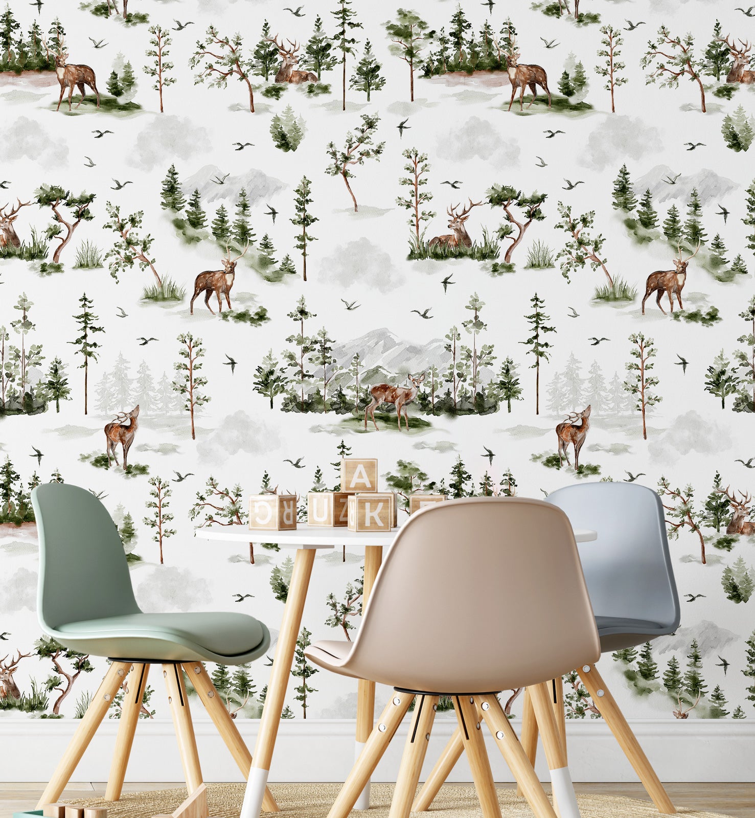 Watercolor Forest Deer Mountain Wallpaper