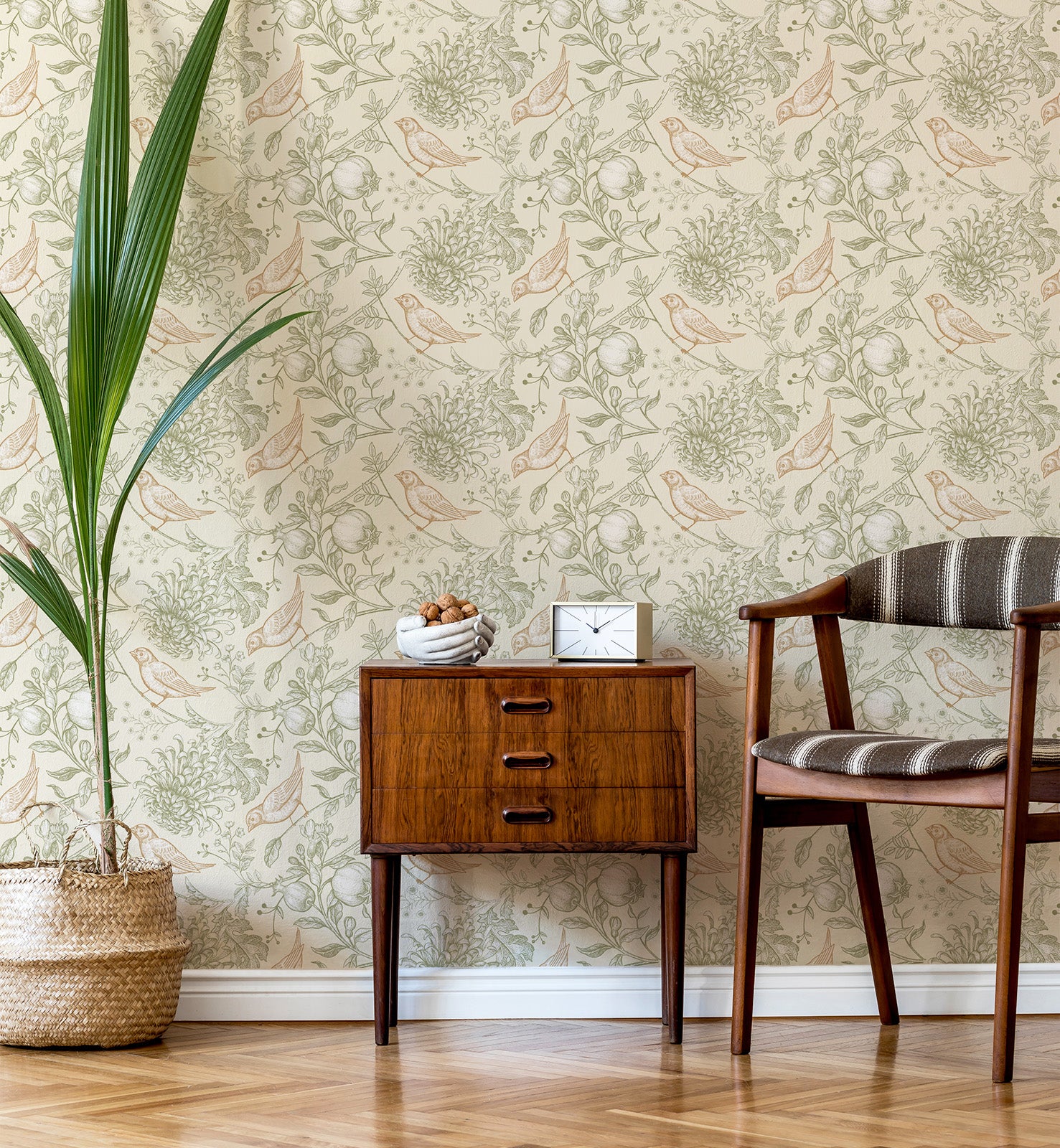 Vintage Botanical Birds & Pomegranate Wallpaper