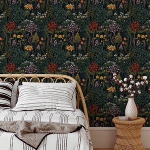 Watercolour Dark Midnight Garden Wallpaper