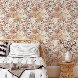 Neutral Tropical Monstera Leaves Watercolor Wallpaper
