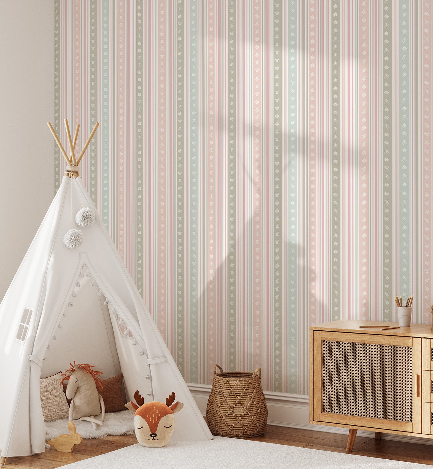 Pastel Winter Pattern with Stripes and Snowflakes Wallpaper
